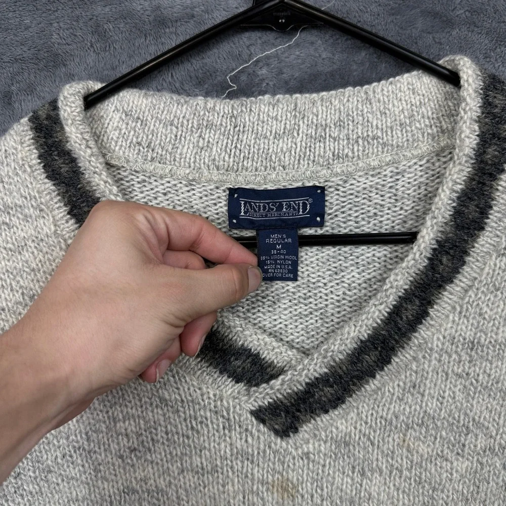 Lands End V-Neck Sweater Mens M Grey Fair Isle Virgin Wool Blend USA Made